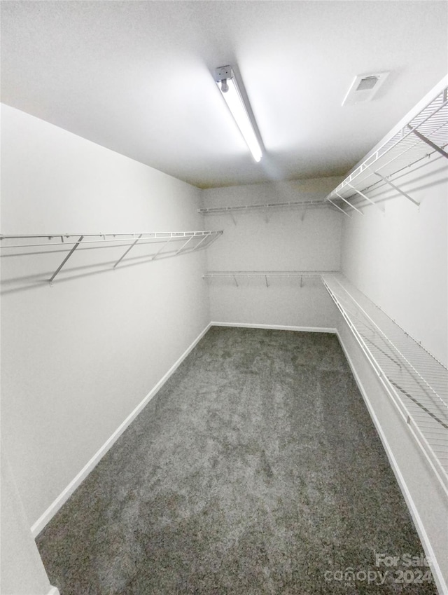 walk in closet with dark carpet and lofted ceiling