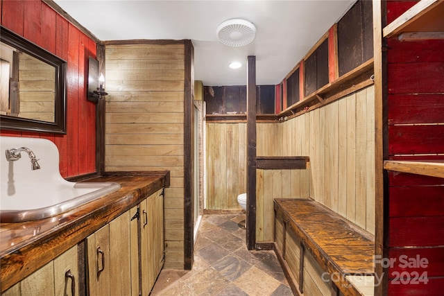 bathroom featuring wooden walls, sink, and toilet