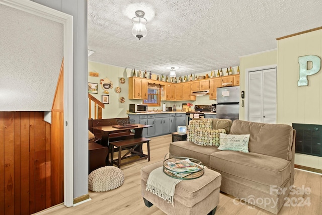 living room featuring wood walls, light hardwood / wood-style floors, sink, and a textured ceiling