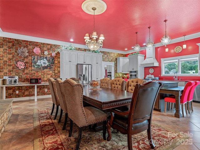 dining space with wallpapered walls and crown molding