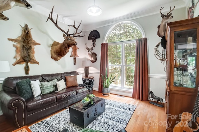 living room featuring wood-type flooring and crown molding