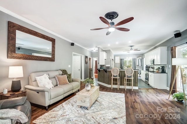 living room with ceiling fan, dark wood-type flooring, and crown molding