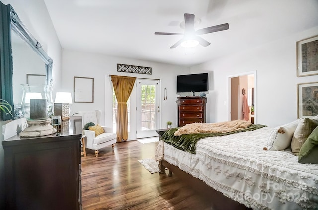 bedroom featuring access to outside, dark hardwood / wood-style floors, and ceiling fan