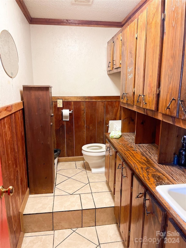 1610 Sierra Rd, York, SC 29745 - bathroom with a textured ceiling, toilet, wainscoting, wood walls, and crown molding