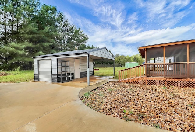 exterior space featuring a carport, an outbuilding, and a deck