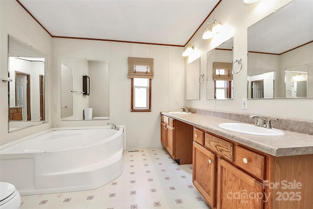 bathroom with crown molding, toilet, a bath, and vanity