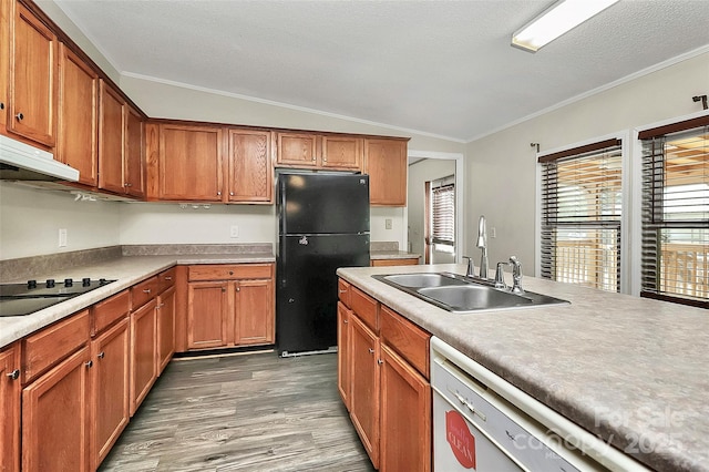 kitchen featuring ornamental molding, vaulted ceiling, sink, black appliances, and hardwood / wood-style floors