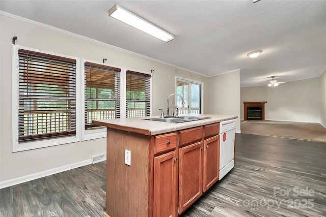 kitchen featuring dark wood-type flooring, white dishwasher, sink, a textured ceiling, and an island with sink