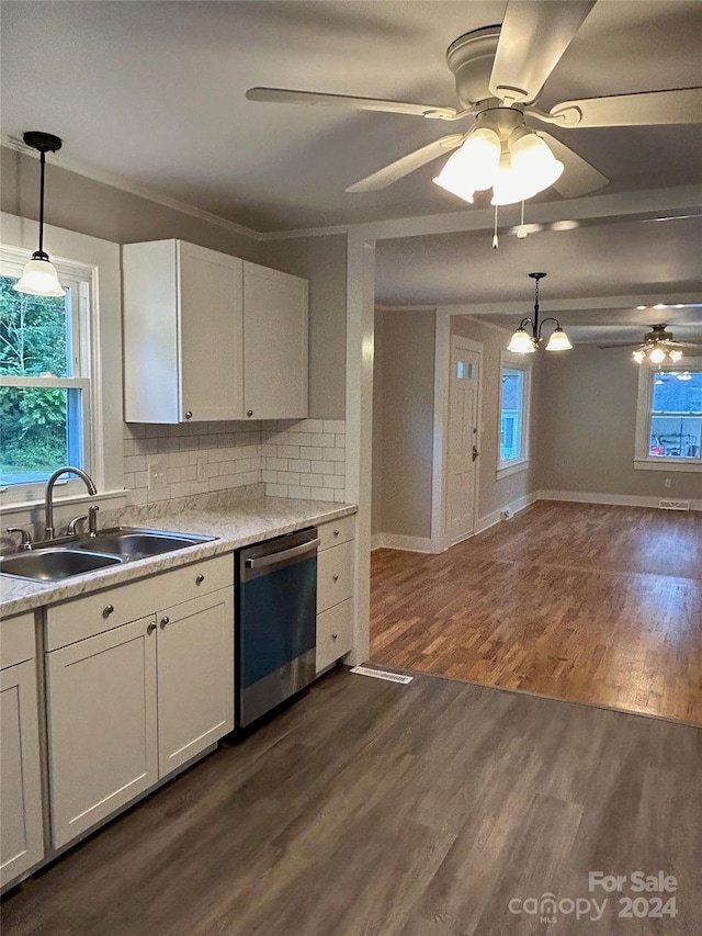 kitchen with white cabinets, dishwasher, ceiling fan, dark hardwood / wood-style floors, and sink