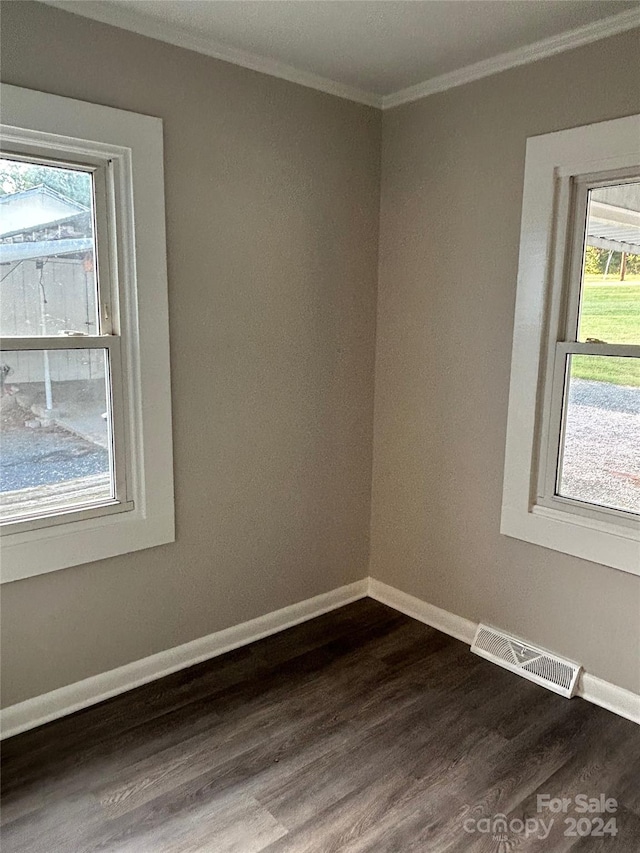 unfurnished room featuring ornamental molding and dark wood-type flooring