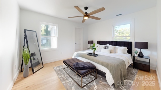 bedroom with ceiling fan and light wood-type flooring