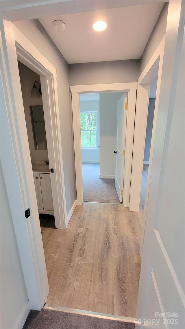 hallway with light hardwood / wood-style floors