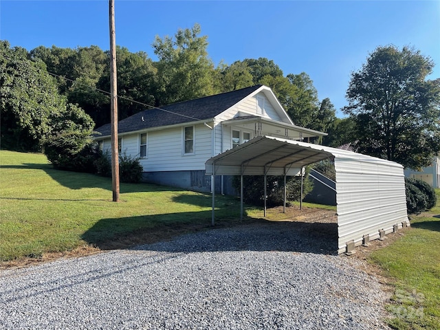 view of property exterior featuring a lawn and a carport