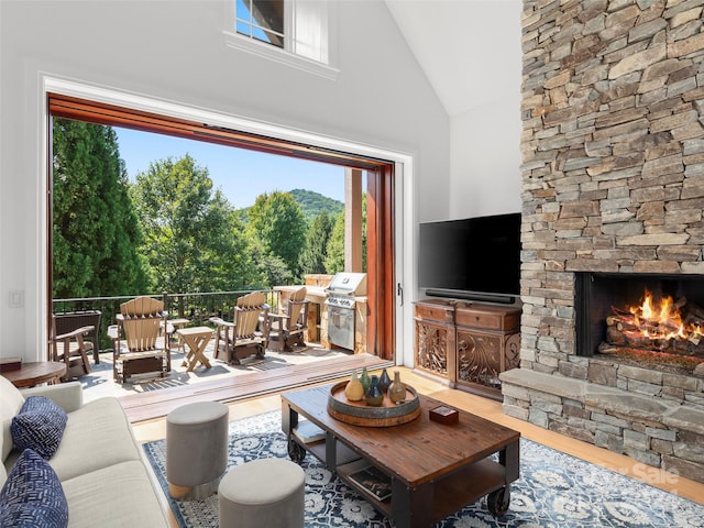4 Windelsham Way, Arden, NC 28704 - living room with a fireplace, hardwood / wood-style flooring, and high vaulted ceiling