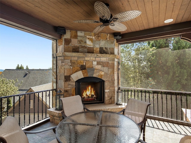 4 Windelsham Way, Arden, NC 28704 - wooden deck featuring ceiling fan and an outdoor stone fireplace