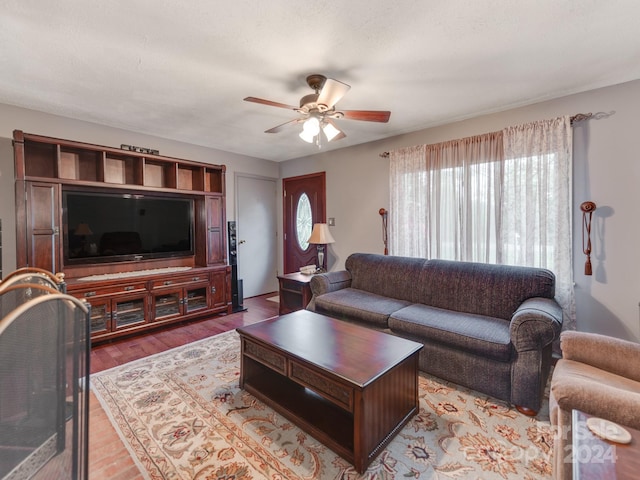 living room with ceiling fan and light hardwood / wood-style flooring