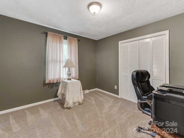 carpeted office with a textured ceiling