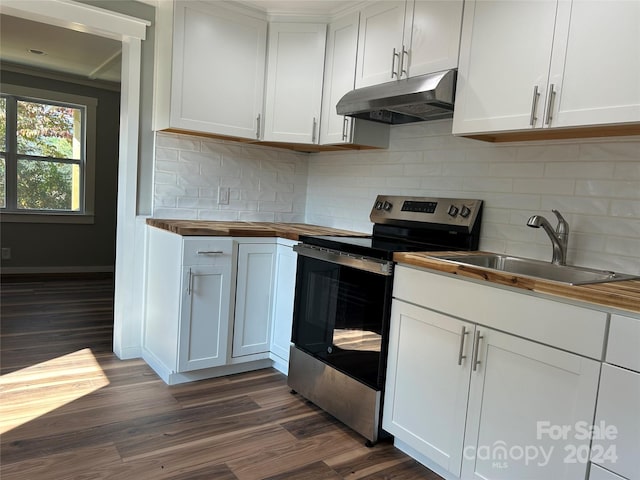 kitchen with white cabinets, sink, tasteful backsplash, stainless steel electric stove, and dark hardwood / wood-style flooring