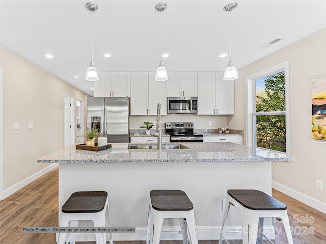 kitchen with light hardwood / wood-style flooring, an island with sink, and stainless steel appliances