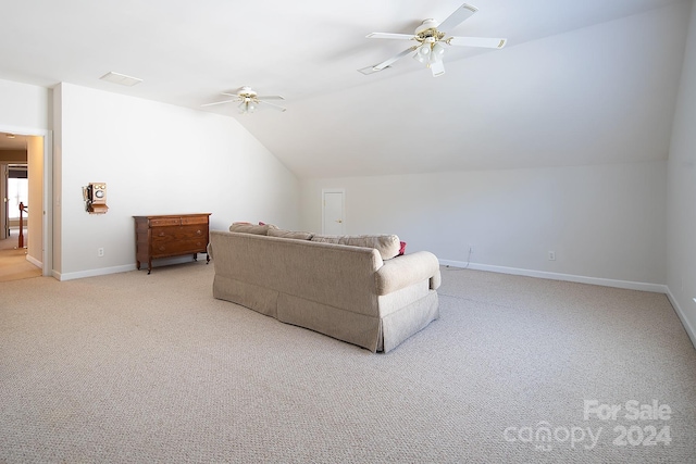 living room featuring lofted ceiling, light carpet, and ceiling fan