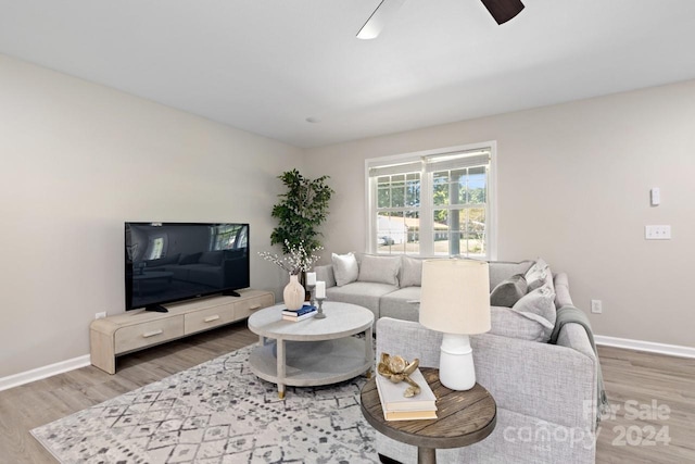 living room with wood-type flooring and ceiling fan