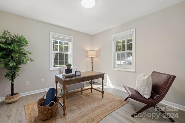 office space with hardwood / wood-style floors and a healthy amount of sunlight