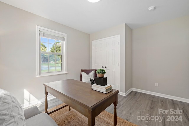 home office with hardwood / wood-style floors