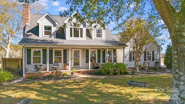 cape cod home with covered porch and a front lawn