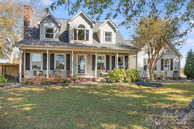 new england style home with a front yard and a porch