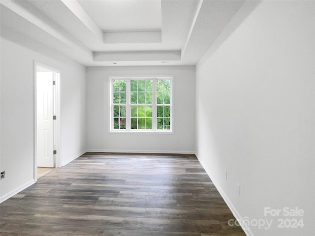 spare room featuring a raised ceiling and dark hardwood / wood-style floors