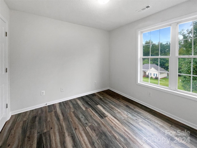 unfurnished room with a textured ceiling, dark hardwood / wood-style floors, and plenty of natural light