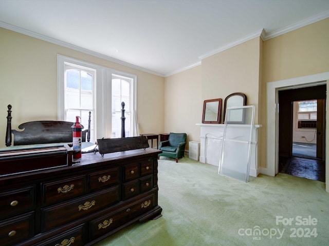 living area featuring crown molding and light carpet