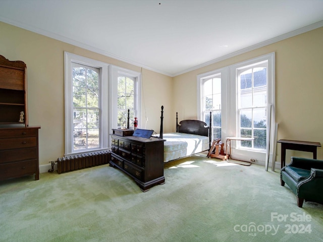 carpeted bedroom featuring crown molding, radiator heating unit, and french doors