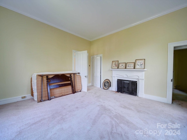 unfurnished living room featuring light carpet and ornamental molding