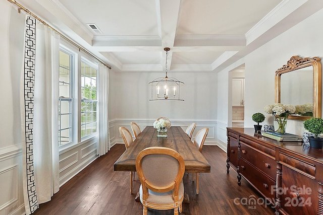 dining space with coffered ceiling, beam ceiling, ornamental molding, dark hardwood / wood-style floors, and a chandelier