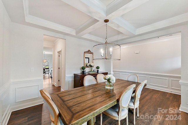 dining space with coffered ceiling, crown molding, beam ceiling, dark hardwood / wood-style floors, and a notable chandelier