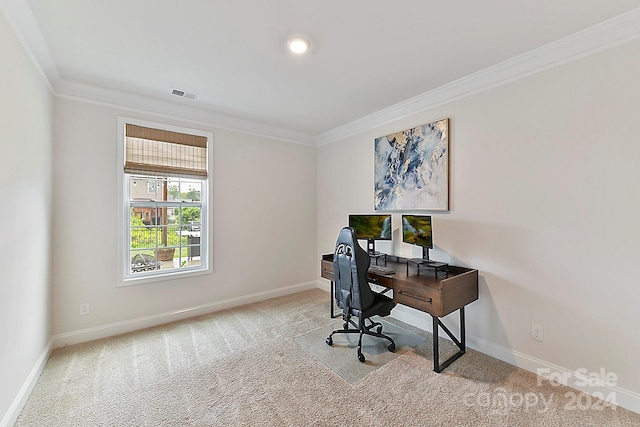 office featuring light carpet and crown molding