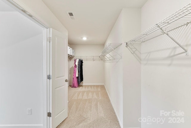 walk in closet featuring light colored carpet