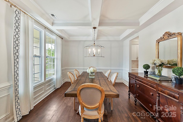 dining area featuring coffered ceiling, beam ceiling, dark wood-type flooring, and a notable chandelier