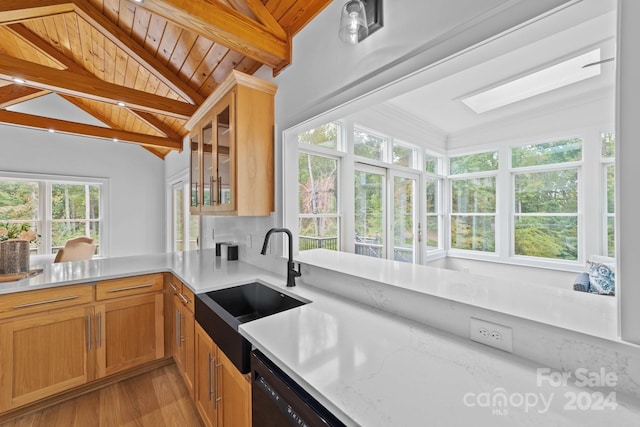 kitchen with dishwasher, light hardwood / wood-style floors, sink, lofted ceiling with skylight, and wooden ceiling