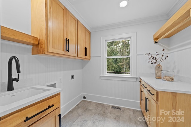 laundry room featuring crown molding, sink, electric dryer hookup, and cabinets