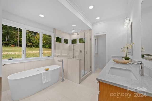 bathroom featuring plus walk in shower, ornamental molding, and vanity