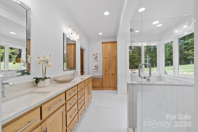 bathroom featuring independent shower and bath, ornamental molding, vanity, and tile patterned floors