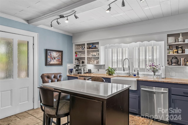 kitchen with decorative backsplash, stainless steel dishwasher, sink, and rail lighting