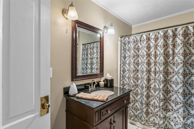404 Avery Ave, Morganton, NC 28655 - bathroom with vanity, crown molding, a shower with curtain, and a textured ceiling
