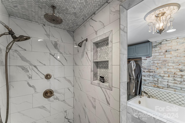 404 Avery Ave, Morganton, NC 28655 - full bathroom with tiled shower, a bathtub, and a chandelier