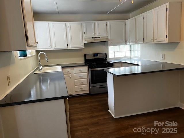 kitchen featuring stainless steel range oven, white cabinetry, and sink