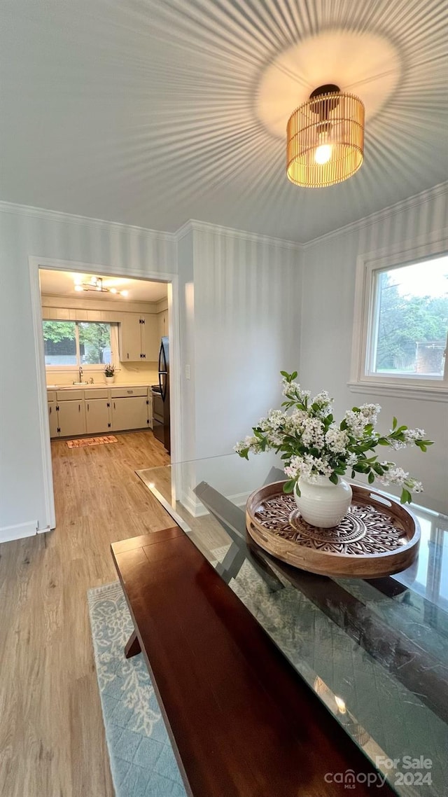 unfurnished dining area featuring light wood-type flooring, crown molding, sink, and a notable chandelier