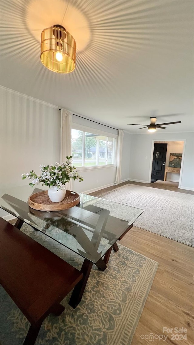 dining space with ceiling fan with notable chandelier and light hardwood / wood-style flooring