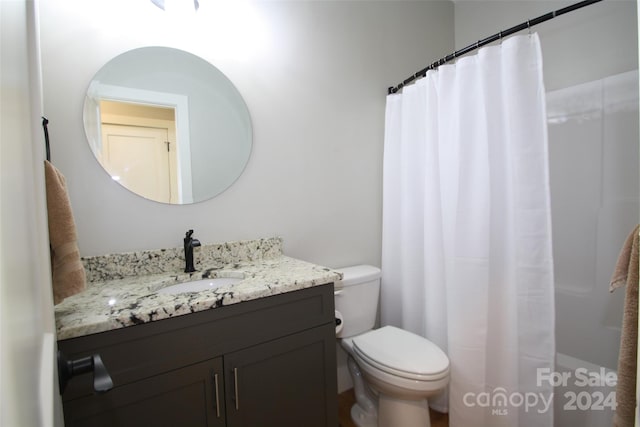 bathroom featuring vanity, toilet, and curtained shower